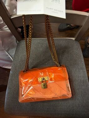 Kurt Geiger Orange Clear Quilted Lock Crossbody Bag with Gold Chain